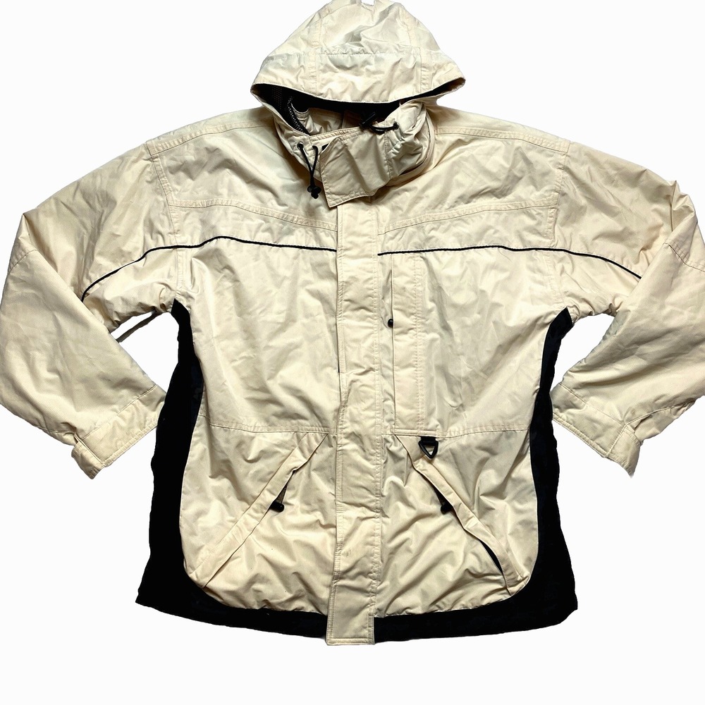 Obermeyer SKI Jacket Mens M Beige Black Snowboarding Coat Winter Hooded